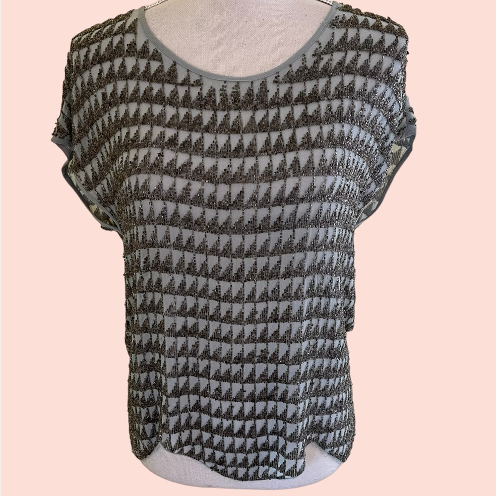 Joie Grey/Blue/Green Silk All Over Beaded Cap Sleeve Scoop Neck Blouse XS